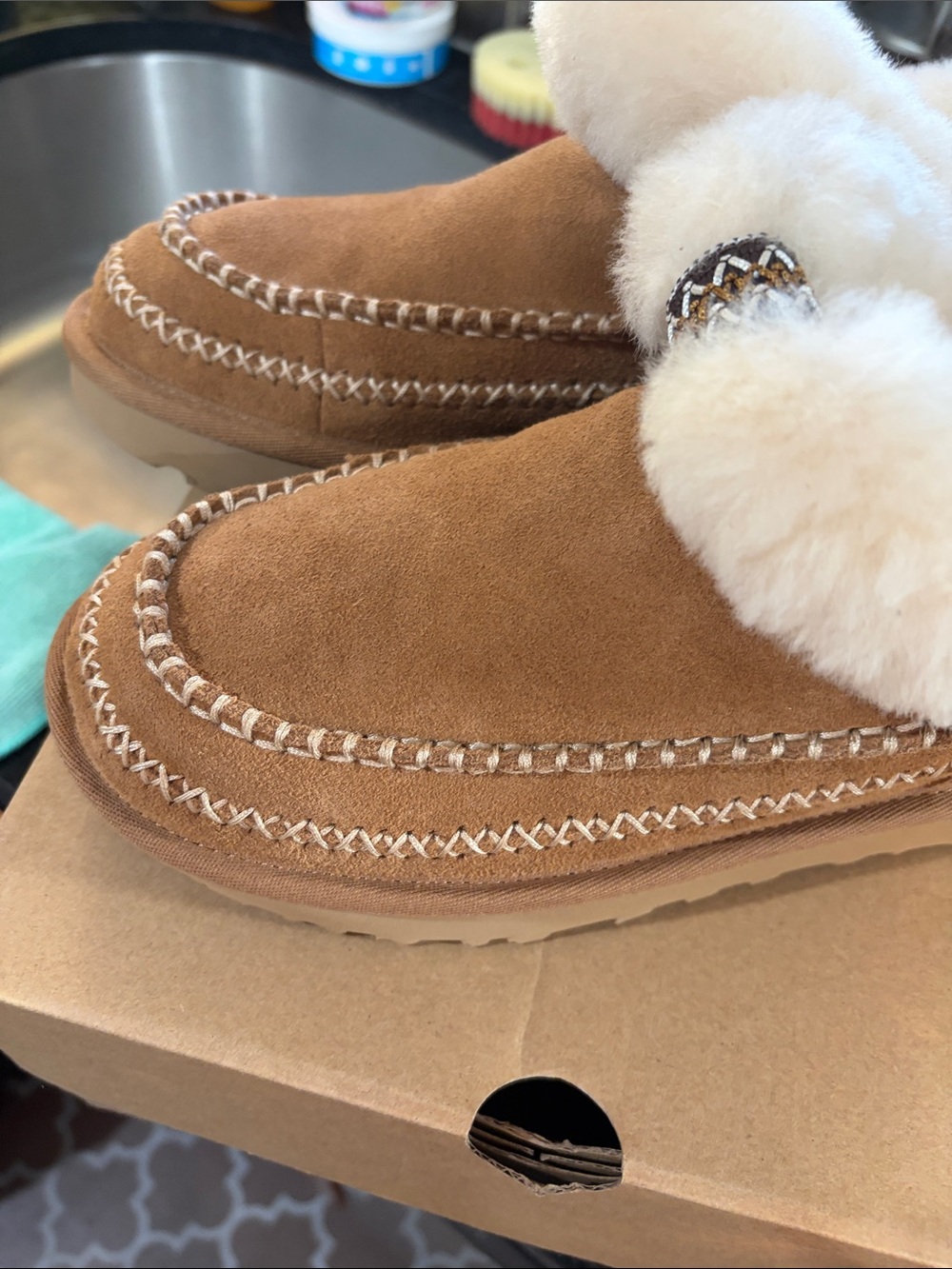 UGG women Chestnut Suede Shearling Moccasin Boots - Picture 5 of 7